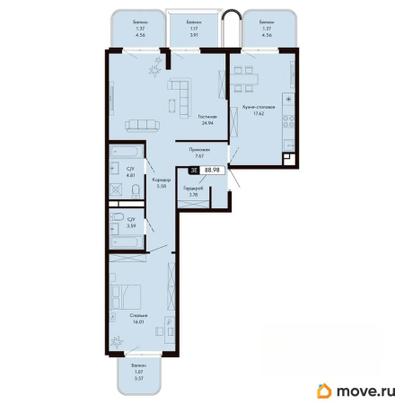 1-комн. квартира, 88.98 м&sup2;