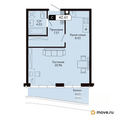 студия, 42.61 м&sup2;