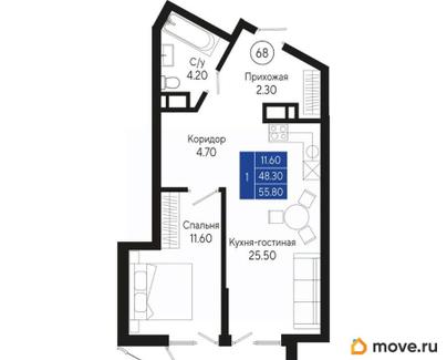 1-комн. квартира, 55.8 м&sup2;