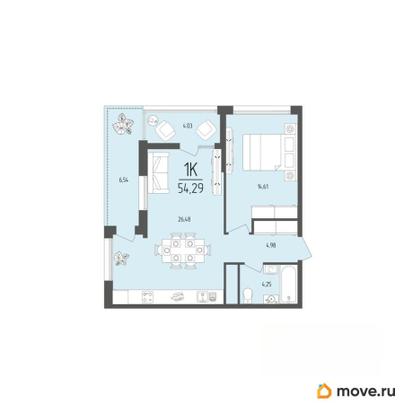 1-комн. квартира, 54.29 м&sup2;