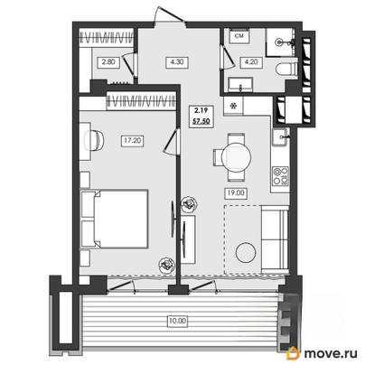 1-комн. апартаменты, 57.5 м&sup2;