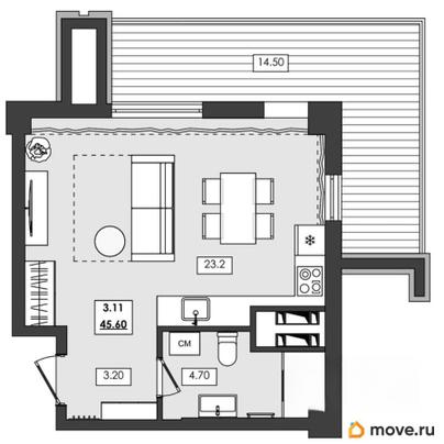 1-комн. апартаменты, 45.6 м&sup2;