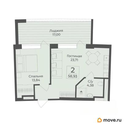 1-комн. апартаменты, 58.93 м&sup2;