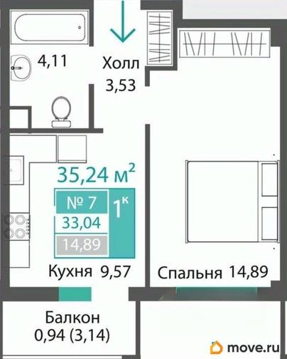 1-комн. квартира, 33.04 м&sup2;
