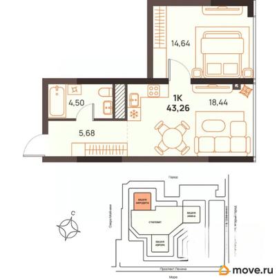 1-комн. квартира, 43.26 м&sup2;