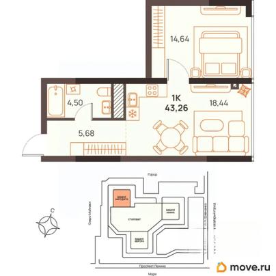 1-комн. квартира, 43.26 м&sup2;