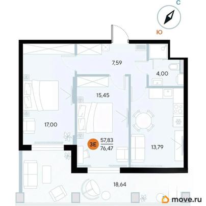 2-комн. апартаменты, 76.5 м&sup2;