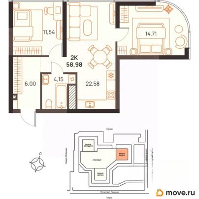 2-комн. квартира, 58.98 м&sup2;