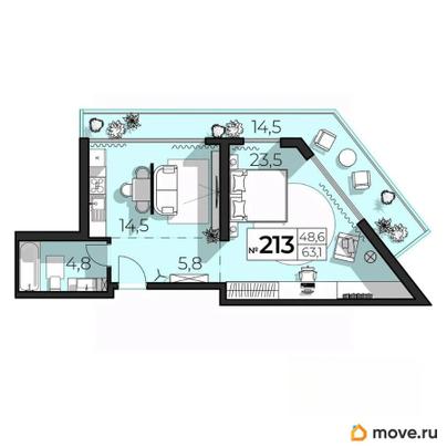 2-комн. апартаменты, 63.1 м&sup2;