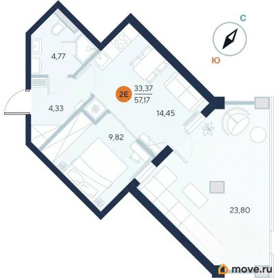 1-комн. апартаменты, 57.2 м&sup2;