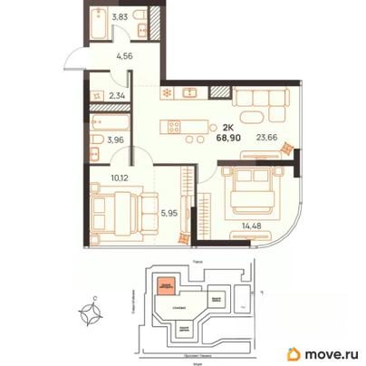 2-комн. квартира, 68.9 м&sup2;