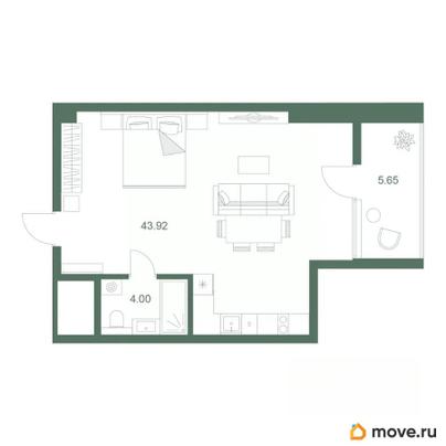 1-комн. апартаменты, 53.8 м&sup2;