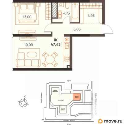 1-комн. квартира, 47.43 м&sup2;