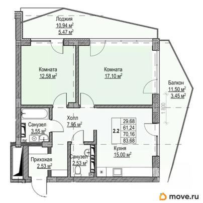 2-комн. квартира, 70.16 м&sup2;
