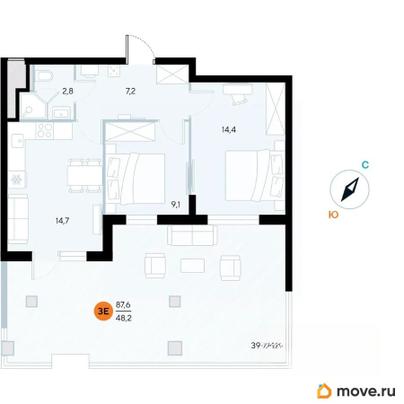 2-комн. апартаменты, 87.6 м&sup2;