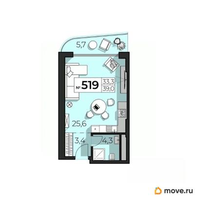 1-комн. апартаменты, 39 м&sup2;