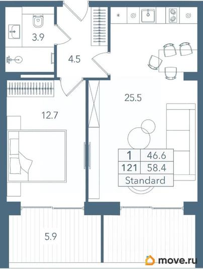 1-комн. апартаменты, 58.4 м&sup2;