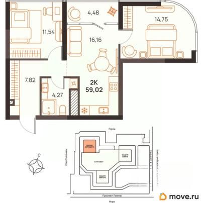 2-комн. квартира, 59.02 м&sup2;