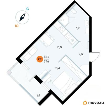 1-комн. апартаменты, 43.7 м&sup2;