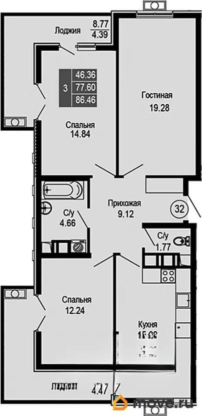 3-комн. квартира, 86.46 м&sup2;