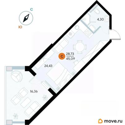 1-комн. апартаменты, 45.1 м&sup2;
