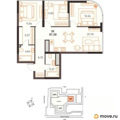 3-комн. квартира, 87.28 м&sup2;