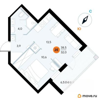 1-комн. апартаменты, 38.5 м&sup2;