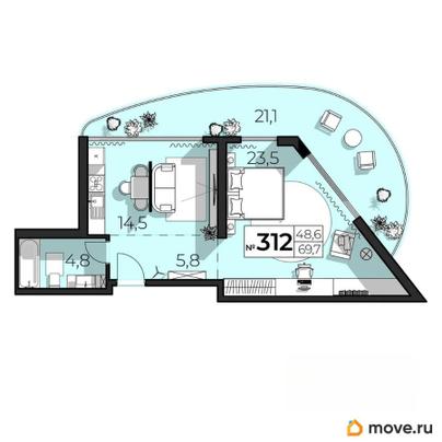 2-комн. апартаменты, 69.7 м&sup2;