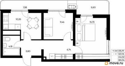2-комн. квартира, 68.57 м&sup2;