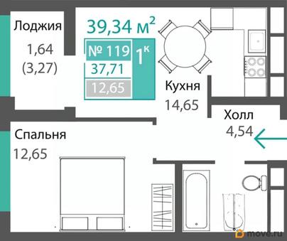 1-комн. квартира, 37.71 м&sup2;