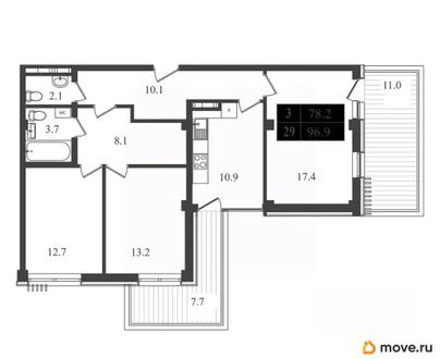 3-комн. апартаменты, 96.9 м&sup2;