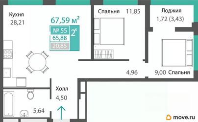 2-комн. квартира, 65.88 м&sup2;