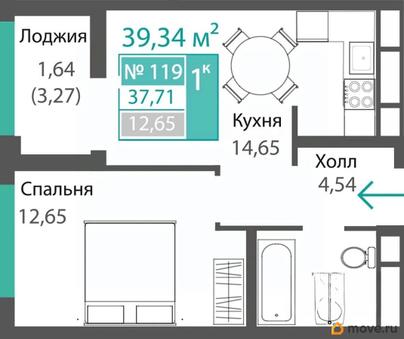 1-комн. квартира, 37.71 м&sup2;