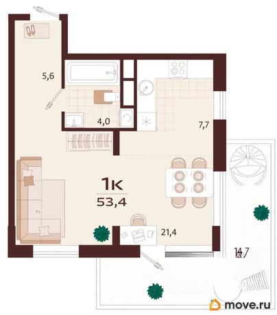 1-комн. квартира, 53.4 м&sup2;