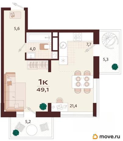 1-комн. квартира, 49.1 м&sup2;