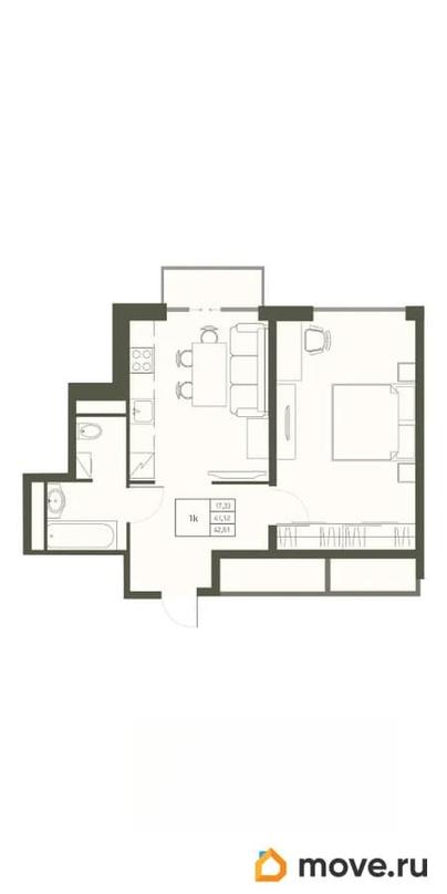 1-комн. квартира, 42.61 м&sup2;
