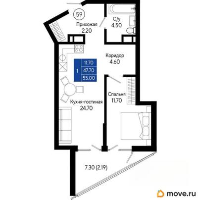 1-комн. квартира, 55 м&sup2;