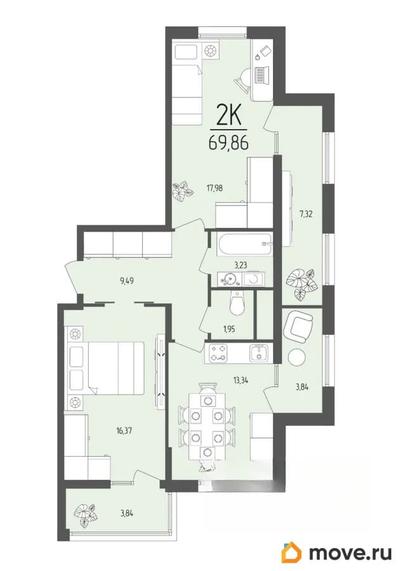 2-комн. квартира, 69.86 м&sup2;