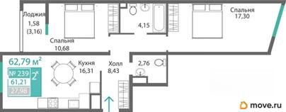 2-комн. квартира, 61.21 м&sup2;
