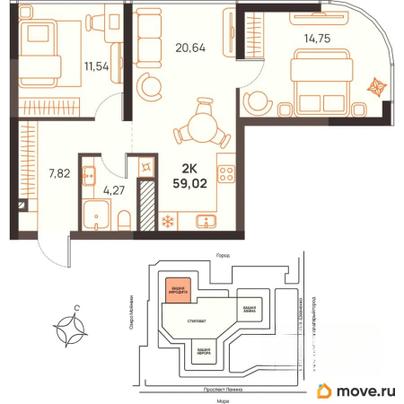 2-комн. квартира, 59.02 м&sup2;