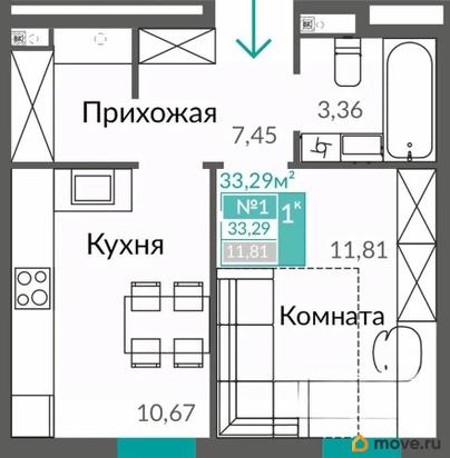 1-комн. квартира, 33.29 м&sup2;