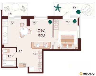 2-комн. квартира, 60.1 м&sup2;