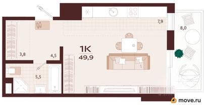 1-комн. квартира, 49.9 м&sup2;