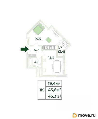 1-комн. квартира, 45.3 м&sup2;