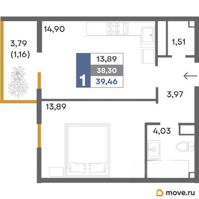 1-комн. квартира, 39.46 м&sup2;