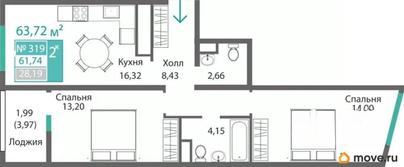 2-комн. квартира, 61.74 м&sup2;