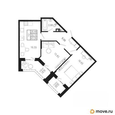 2-комн. квартира, 63.26 м&sup2;