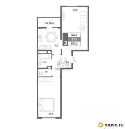 2-комн. квартира, 59 м&sup2;