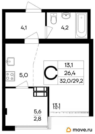 студия, 32 м&sup2;