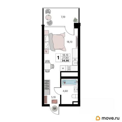 1-комн. апартаменты, 34.9 м&sup2;